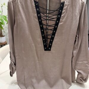 Express Taupe Lace-Up Blouse